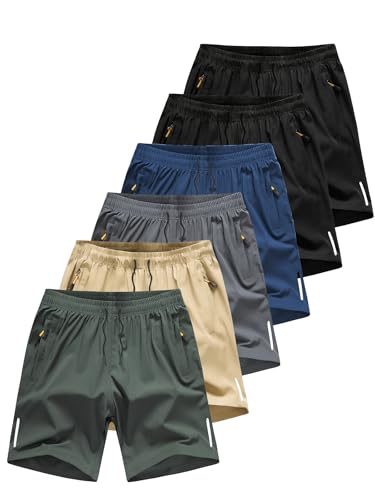 Naudhenm 6 Pack, Men's Athletic Shorts, Ice-Silk Quick-Dry Fabric, Elastic Waist with Drawstring, Zipper Pockets, Black/Blue/Beige (US, Alpha, Large, Regular, Regular, Group E)