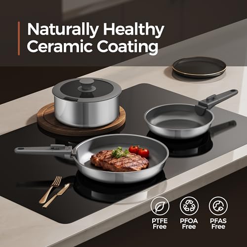 Image of 16PCS Pots and Pans Set Non Stick, Diamond-Titanium Ceramic Cookware Set & 3 Layer Stainless Steel with Detachable Handle, Induction Cookware, Non Toxic Oven /Dishwasher Safe, Gray