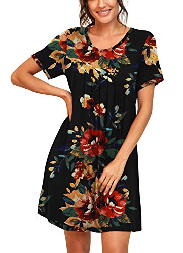 Image of PrinStory Nightgowns for Women Short Sleeve Night Gowns Pleated Sleep Shirt Ladies Nightshirt Soft Sleepwear