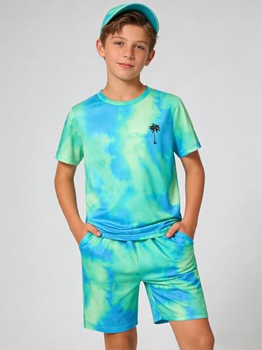 Image of Kid Toddler Baby Boys Clothes Tie-dye Palm Leaf Top 2Pcs Summer Shorts Set