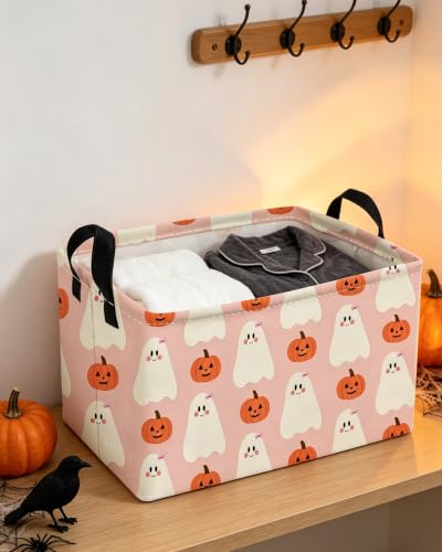 Image of Essme Rectangular Halloween Baskets,Ghost Storage Box,Cute Basket for Kids with Handles for Room Decor, Book Bins,Shelf Basket.(Cute Ghost)