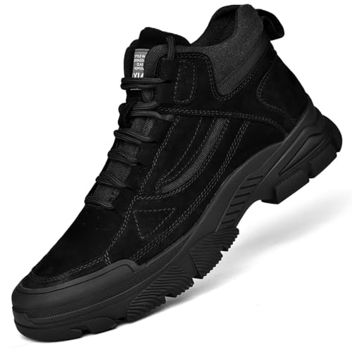 QWUIEOIN Men's Fashion Genuine Leather High Top Lace-Up Outdoor Hiking Boots Comfort Round Toe Non-Slip Casual Shoes for Walking Hiking Farm Backpacking (8,Black)