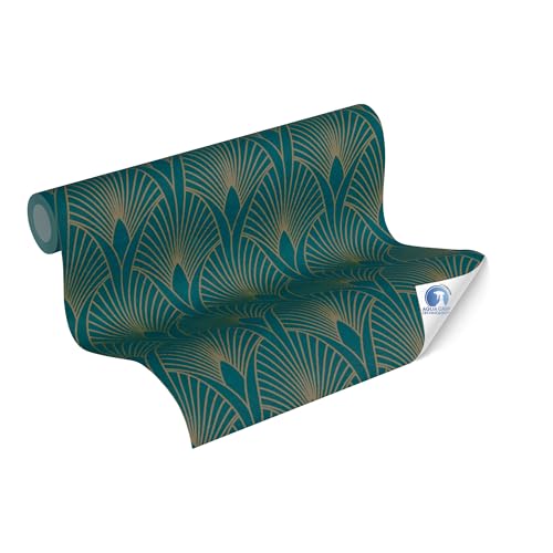 Livingwalls Wallpaper DESIGNDROP, precovered Non-Woven Wallpaper Art Deco in Blue, Green, Gold, 10,05m x 0,53m
