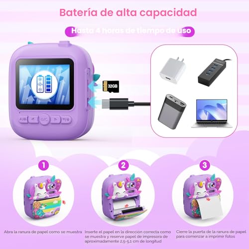 Miniatura 7 de Tiatua Camara Fotos Infantil Instantanea, 2,4 Hd 1080p Cámara Instantánea Para Niños Con Tarjeta De 32g Bolígrafos De Colores Y Papel De Impresión, Regalo Para Niños De 3 A 12 Años