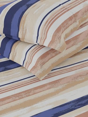 Image of KOPA Extra Smooth Cotton Double Bedsheet with 2 Pillow Covers -3pc Set (Lopez) | Extra Smooth Cotton | 1 Double Bedsheet with 2 King Size Pillow Covers Stripe-lt.Brown
