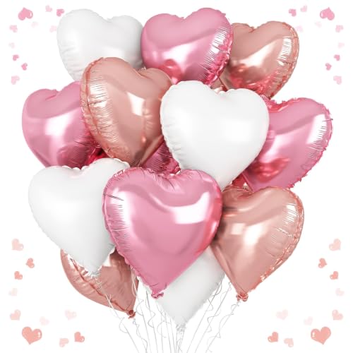 Pink White Heart Balloons, 18 Inch White Rose gold Heart Shape Foil Balloon