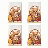 Lot de 4 torchons de cuisine motif chien - Panier espiègle d'été orange été orange - Serviettes de bar douces et absorbantes - Décoration de vacances - 40,6 x 61 cm