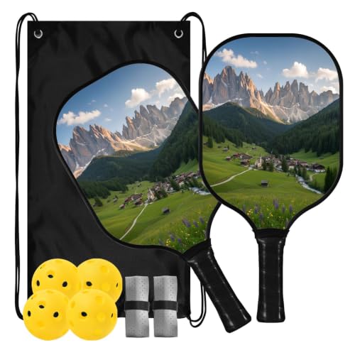Alpine Village Landscape Pickleball Paddle Set, 2 Paddles with Balls & Carry Bag
