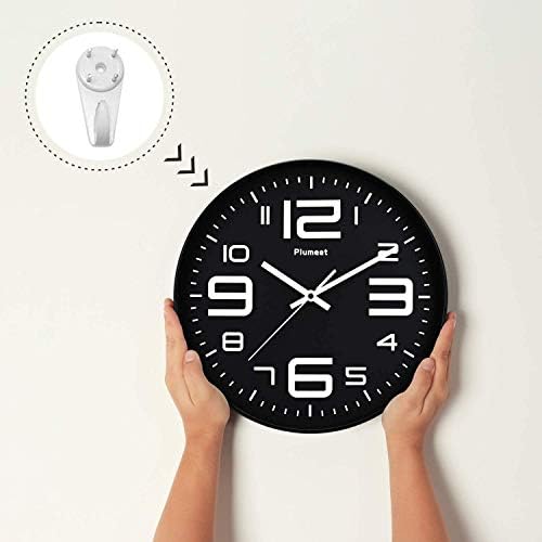 Plumeet Modern Wall Clock 12'' Bedroom Wall Clocks Battery Operated, Silent Quartz Clock Decorate Kitchen Living Room, 3D Numbers Display Easy to Read (Black)