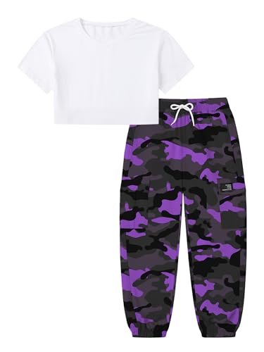 Image of Betusline Girls 2 Piece Set, White Cute Short Sleeve Crop Tops + Purple Black Camo Cargo Jogger Pants Clothes, 6-7Y = Tag 130