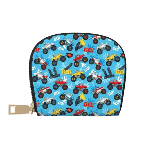 Monster truck cars blue Leather Credit Card Holder Zipper Wallet for Unisex2
