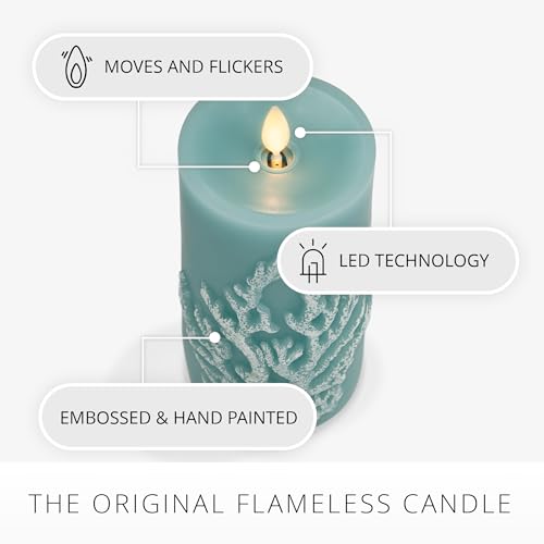 Image of Luminara Embossed Coral Flameless LED Candle Moving Flame Pillar, Unscented Real Wax with Recessed Edge- 3 inch x 6.5 inch (Soft Teal)
