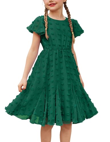 Flypigs Princess Dress for Girls Casual Beach Dress Elegant Summer Dress Knee-Length Chiffon Short Sleeve Green 9-10 Years