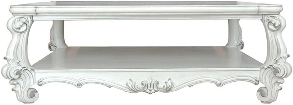 Bowery Hill Rectangular Wood Coffee Table, Bone White Finish, 57"W x 41"D x 21"H, Aspen/Poplar Wood Veneer, Bottom Shelf, Scrolled Legs and Floral Carved Apron, Traditional Style Living Room Accent