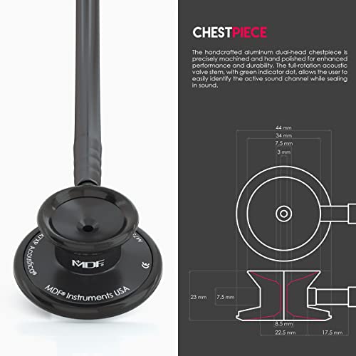 Image of MDF Instruments, Engravable - Acoustica Lightweight Custom Stethoscope for Doctors, Nurses, Students, Home Health Use, Adult, Dual Head, Black Tube, Black Chestpiece-Headset, MDF747XPBO-ENGRAVING | Dual Head, rotating chestpiece, Lifetime warranty, Free-Parts-for-Life, Latex-free, For doctors, nurses, students home health