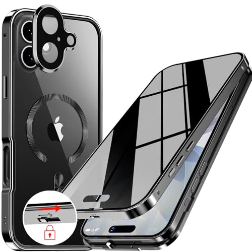 Upholyee [CD Metal Ring & Automatic Pop-up Lock Magnetic Privacy Case for iPhone 17 [Compatible with MagSafe] [Integrated Lens Protection] Full Body Bumper Cover with Built-in 9H Glass-Black