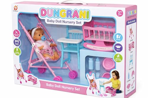 Image of DUNGRANI 3 in 1 Baby Doll Stroller Set Toys for Girls Toddlers 3-5 4-6 Year Gifts, Baby's Doll's Set with 12.5 inch Doll /1 Baby Dining Chair /8 PCS Baby Doll Accessories (Special Edition)