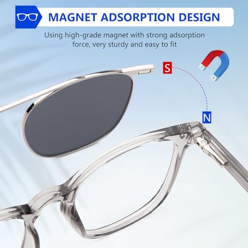 Image of DEHOTRE Non Prescription Glasses Eyeglasses Men with Magnetic Clip On TAC Polarized Sunglasses Acetate Frame Clear Lens Grey