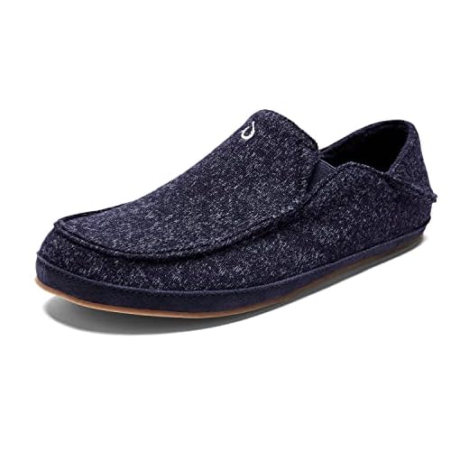 OLUKAI Moloa Hulu Men's Wool-Blend Slippers, Soft & Heathered Knit Slip On Shoes, Suede Leather Foxing, Drop-In Heel Design, Trench blue/Trench Blue, 10