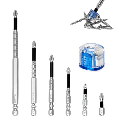 High Magnetic Screwdriver Drill Bit Set, 6Pcs Magnetic Screwdriver Bits with Blue Magnetiser, Anti-Slip Strong Grip Professional Driver Bits, 25 50 65 75 100 150mm