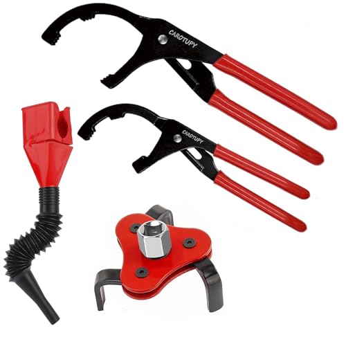 CAROTUPY 4Pcs Oil Filter Pliers Set, 3 Jaw oil filter Wrench with Flexible Plastic Funnel For Automotive Oil Change, Adjustable Oil Filter Removal Tool From 1-3/4" to 6" (Black)