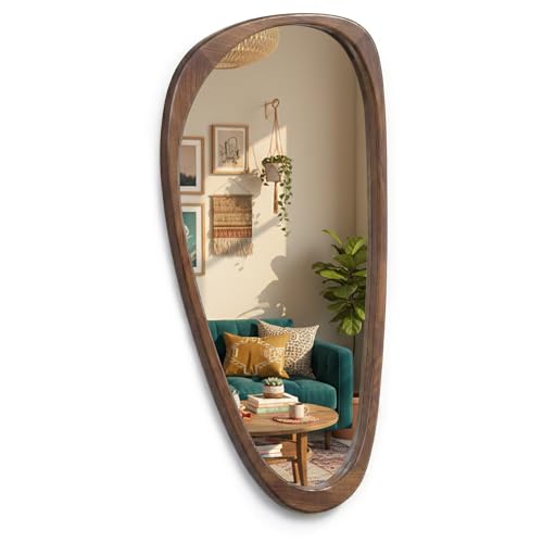 Image of Solid Wood 48 inchx24 inch Dark Walnut Large Organic Irregular Wall Mirror | Large sculptural look adds MCM wood depth to bedroom walls, hallways, living rooms, sideboards, dressers, statement decor