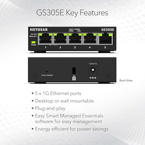 Image of NETGEAR 5-Port Gigabit Ethernet Easy Smart Managed Essentials Switch GS305E - Desktop or Wall Mount, Home Network Hub, Office Ethernet Splitter