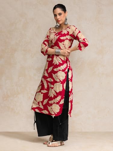 Floral Round Neck With V Detailed Round Hem Kurta Pink