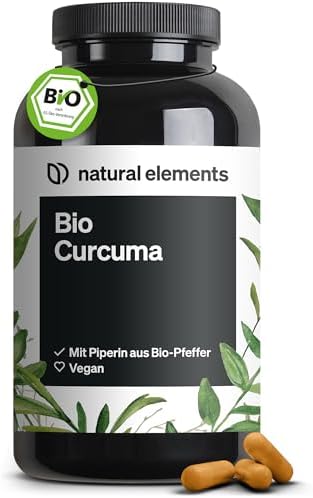 natural elements Bio Curcuma mit schwarzem Pfeffer – 240 Kapseln – 4350mg Bio-Curcuma (Kurkuma) pro Tagesdosis – mit Curcumin & Piperin – hochdosiert, vegan – in Deutschland produz