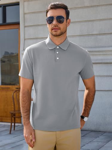 Runcati Mens Polo Shirts Short Sleeve Casual Work Golf T-Shirt Cotton Lightweight Regular Fit Summer Tees Grey miniatura 4