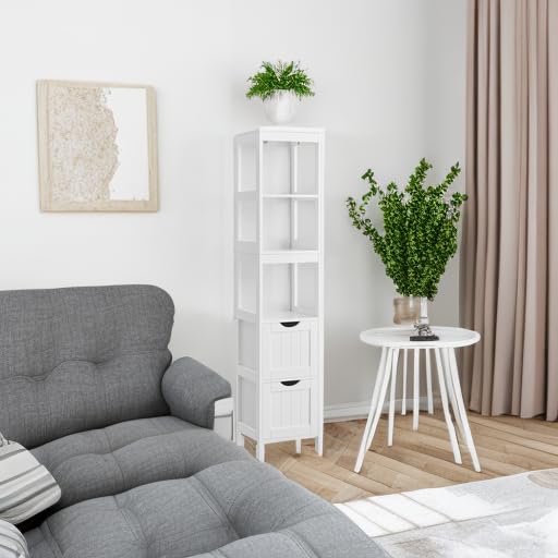 VASAGLE Storage Cabinet, Storage Organizer Rack Stand for Bathroom, Living Room, Multifunctional Corner Unit, 2 Drawers, 55.7 Inches in Height, White UBBC66WT by VASAGLE - Image 2