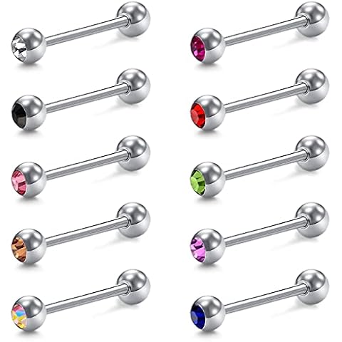 VCMART 10 barras de lengua de metal 14G de acero quirúrgico 12-18 mm con cristal Cover