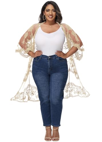 Image of Anna-Kaci Women's Plus Size Lace Cardigan Embroidered Long Kimono Dusters with Half Sleeves