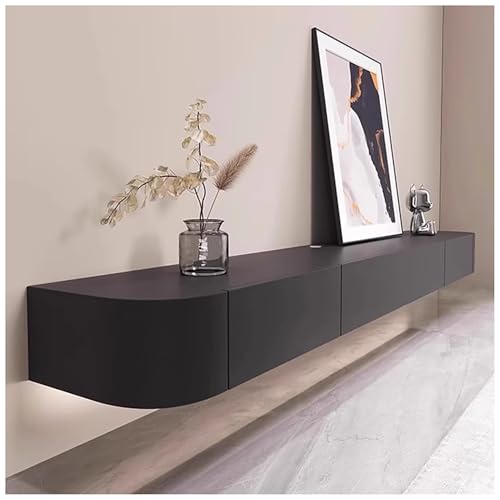 JUNFUNNLE Meuble TV Moderne Bas 220 cm Noir avec 2 tiroirs et façade Rabattable – Posé ou Montage Mural – Grand Espace de Rangement pour Le Salon/Le Bureau à Domicile, Console multimédia avec