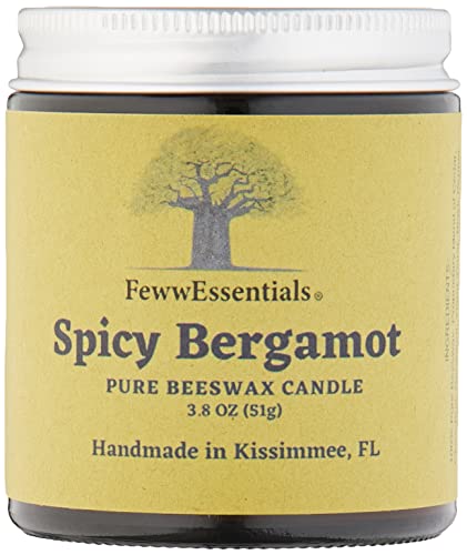 Fewwessentials - 100% Pure Beeswax + Essential & Natural Oil Aromatherapy Candles| Wicks Made With Wood|3.8 Oz|Amber Jar - Spicy Bergamot #TOP1