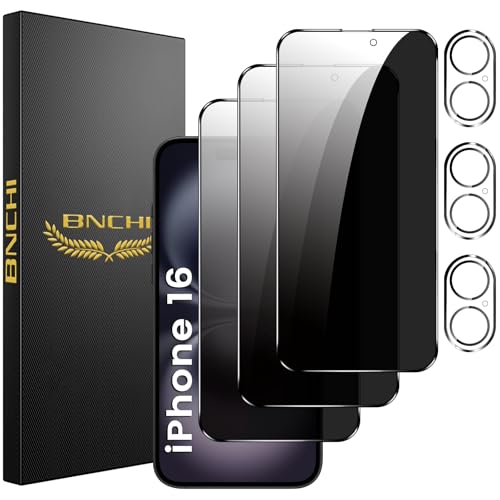 BNCHI 3 Stück für iPhone 16 für Panzerglas Sichtschutz und 3 Stück Kameraschutz, 28° Anti-Spy, Kratzfest, Bläschenfrei 9...