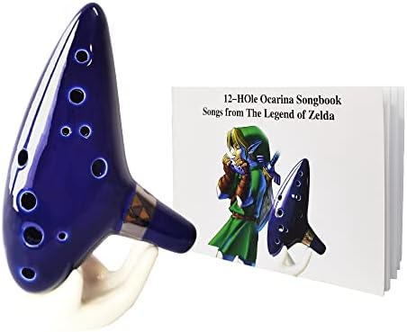 Legend of Zelda Ocarina of Time, 12 Hole Ocarina Alto C w/Song Book, Display Stand, Protective Box, Cord, Blue