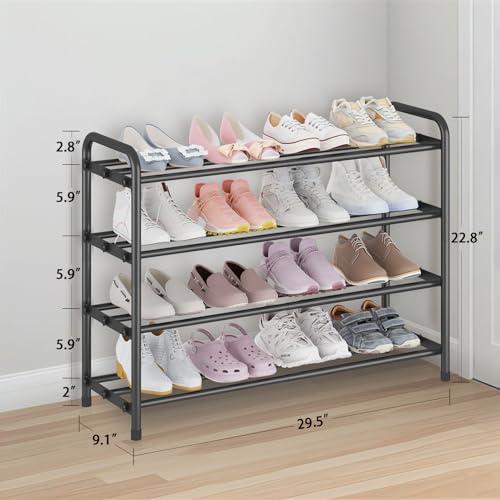 Image of KANAV 4-Tier Expandable Shoe Rack - Adjustable Shoe Organizer & Shoe Storage for Closet, Entryway, and Front Door - Space-Saving Shoe Shelf and Rack Organizer for Home - Black