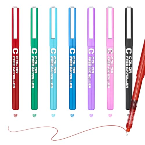 Lot de 7 Stylos Roller 0.5 mm, Stylos Encre Liquide, Pointe Fine 0,5 mm, Écriture Fluide et Précise, Séchage Rapide, Stylo pour Bureau École Journaling Dessin Prise de Notes, 7 Couleurs Éclatantes