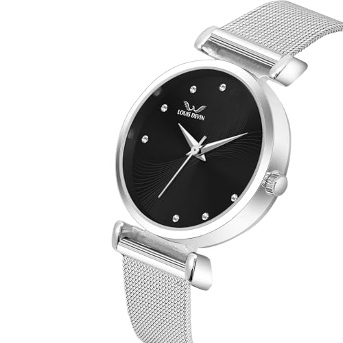 Image of LOUIS DEVIN Mesh-Type Stainless Steel Chain Analog Wrist Watch for Women (Black /Blue /Pink /Green Dial) | LD-L504-CH