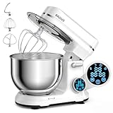 【2026新モデル】スタンドミキサー 5L大容量 家庭用 業務用 3種類アタッチメント付き 卓上ミキサー パワフル 低騒音 タイマー機能付き 11段階スピード調節 タイマー機能 DC OLEDタッチ機能付きメニュー こねる/混ぜる/泡立てるコンパクト 一台多役 stand mixer (白)