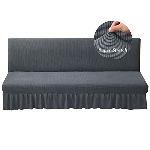 Stretch Armless Futon Cover With Skirt Knitted Jacquard Futon Sofa Bed Cover Machine Washable Futon Couch Cover Futon Sofa Cover Furniture Bed Protector With Elastic Bottom For Kids,Pets(Dark Gray) #TOP17
