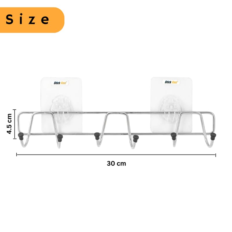 Stick Fast Self Adhesive Stainless Steel 6 Hooks Rail with 3M Sticker for Cloth Hanger, Door Hooks Rail for Bedroom, Kitchen, Bathroom No Drills, Load Capacity 3.5 kg Each-Chrome