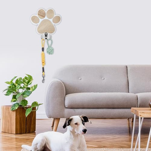 Geentargetel Hunde Garderobe mit Haken, Hundeleinengestell Schlüsselhalter Holz, Hundeleinenhalter Wand mit Hunde Und Pfotenabdrücken für Hundezubehör & Halsband (Weiß)