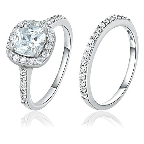 SEA OF ICE 925 Sterling Silver 6x6mm Cushion-Cut CZ Cubic Zirconia Halo Anniversary Wedding Band Engagement Ring Bridal Set, Sizes 5 to 10