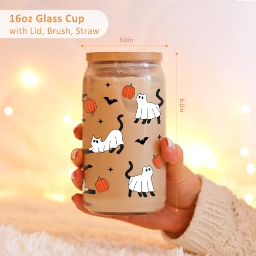 Fairy's Gift Halloween Ghost Cat Iced Coffee Cup, Halloween Cat Pumpkin Glass Tumbler, 16 oz Spooky Coffee Glass Cup with Lid Straw, Boo Basket Stuffers, Spooky Gifts for Feline Lover, Women, Teen - Image 5