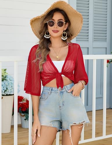 Image of iClosam Women Tie Front Chiffon Shrug Short Sleeve Cropped Sheer Bolero Shrug Cardigan