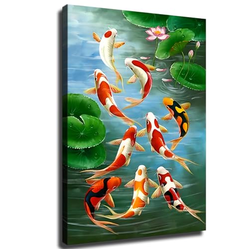 ZeeHxq Feng Shui Nine Koi Fish Lucky Landscape Poster Painting on Canvas Wall Art Living Room Decoration Home (08x12inch Unframed)