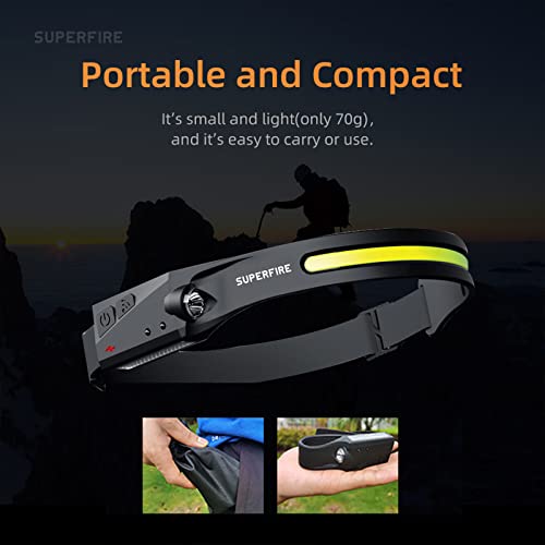 Superfire Headlamp Rechargeable, Led Headlamp With Motion Sensor 230°,5 Modes Head Light For Running Outdoor Hiking,Camping Headlamps For Adults #TOP1