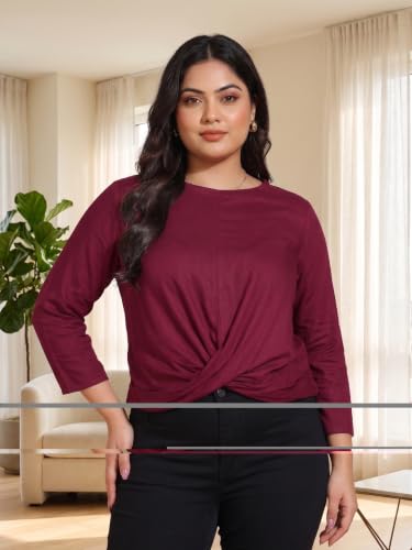 Image of Yash Gallery Women's Regular Fit Rayon Solid Waist Lengtth Draped Style Round Neck 3 /4Th Sleeve Top